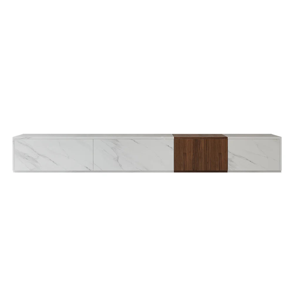 Vewal 78.9" Modern Wood Block TV Stand Marble & Walnut Veneer in White with 4 Drawers