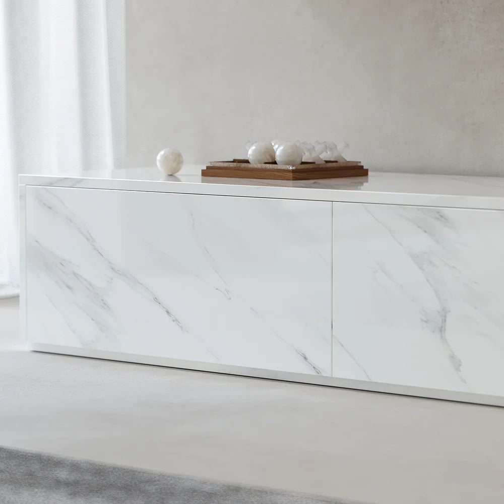 Vewal 78.9" Modern Wood Block TV Stand Marble & Walnut Veneer in White with 4 Drawers
