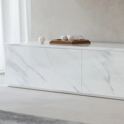 Vewal 78.9" Modern Wood Block TV Stand Marble & Walnut Veneer in White with 4 Drawers