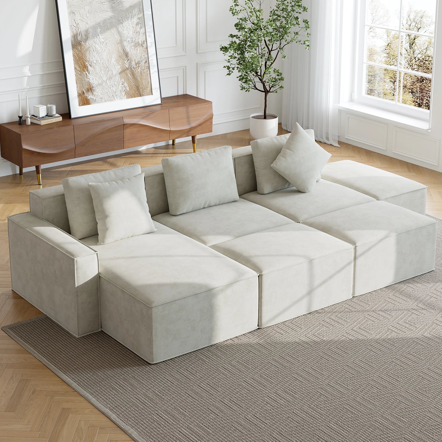 138" 6-Piece Cotton & Linen Modular Chaise Sectional Sofa with Ottomans