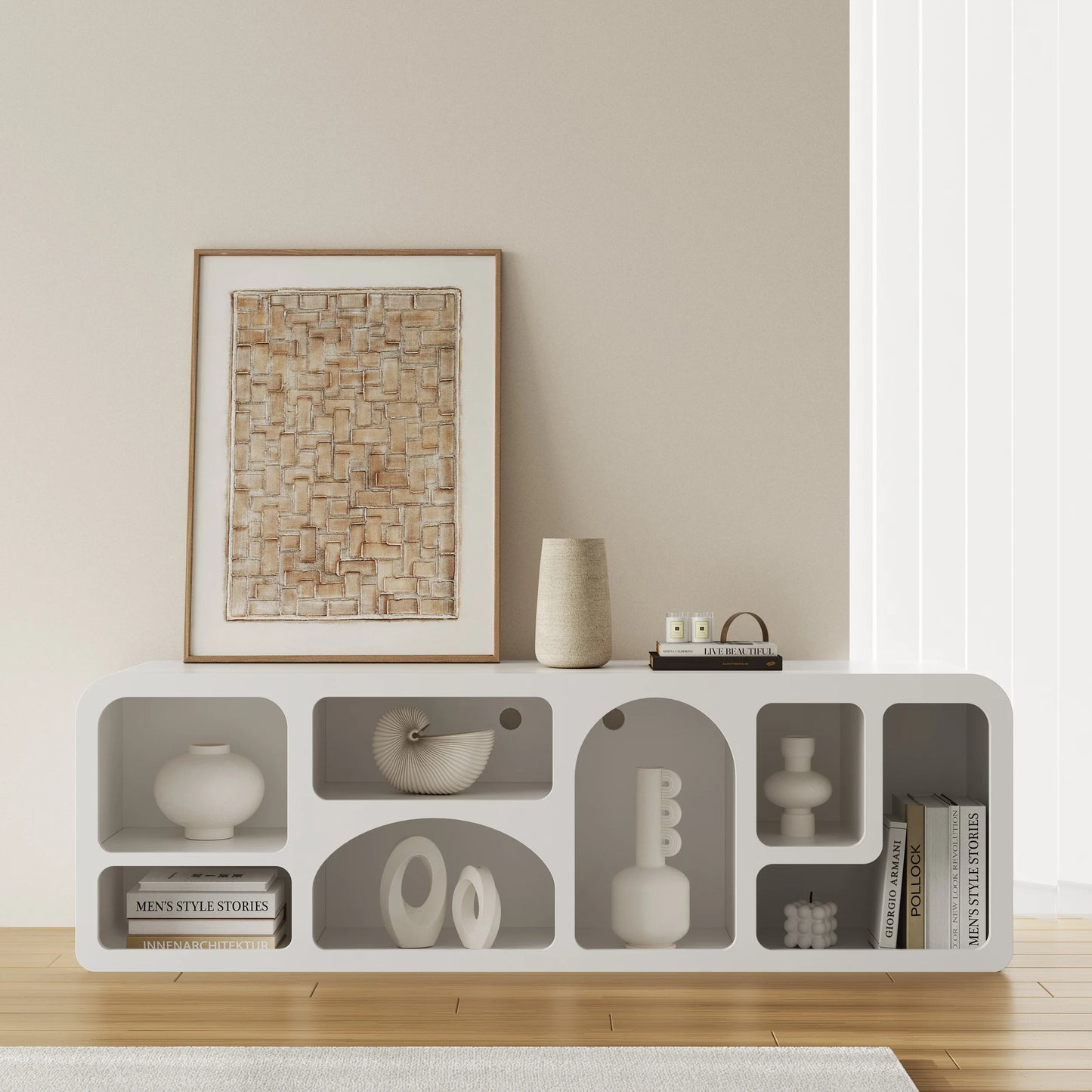 Codiys Art Deco Bookshelf Wood TV Stand in White with Shelves for TV Up to 70"
