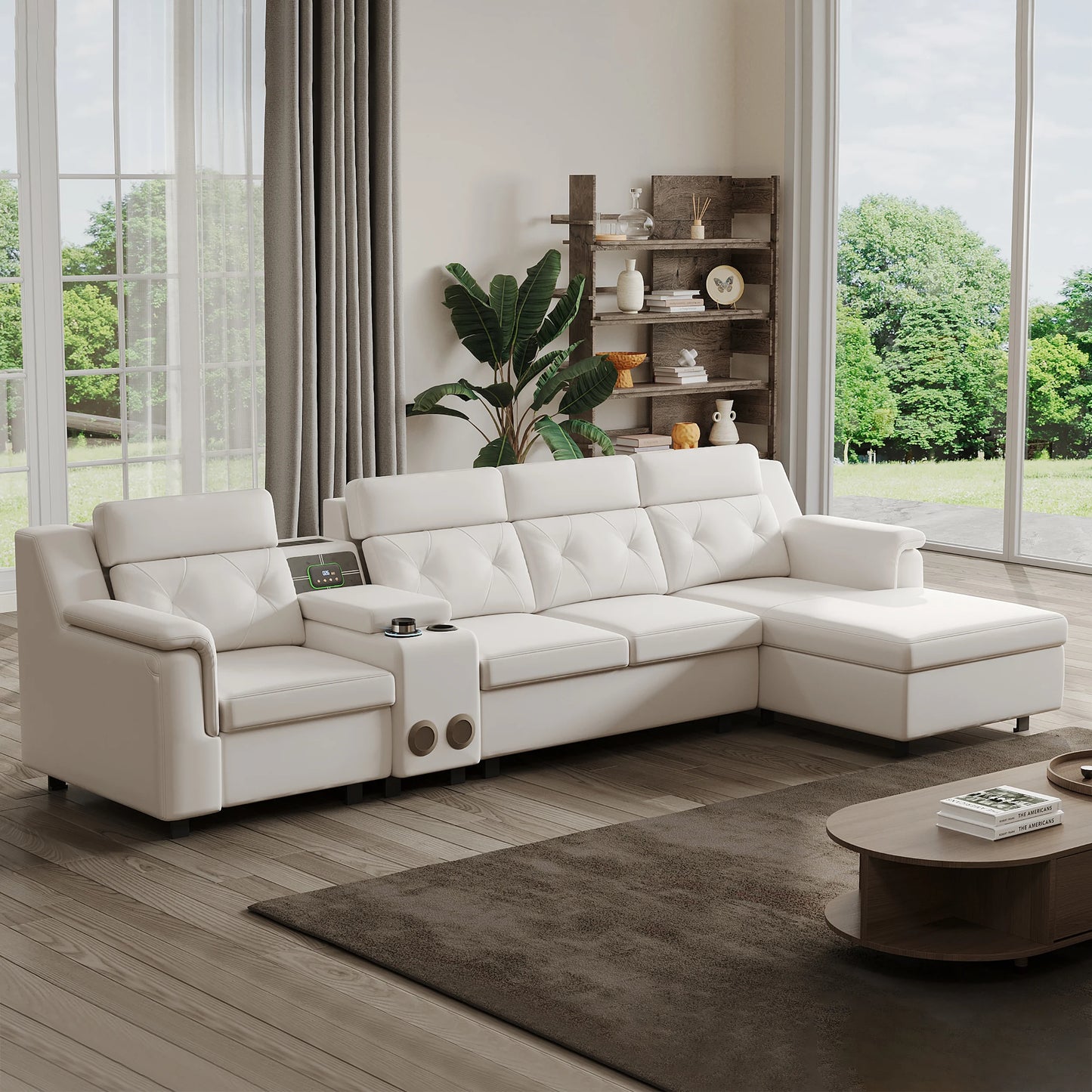 134.6" White Power Reclining Sectional Sofa Pull Out Bed Cup Holder & Speaker & Storage