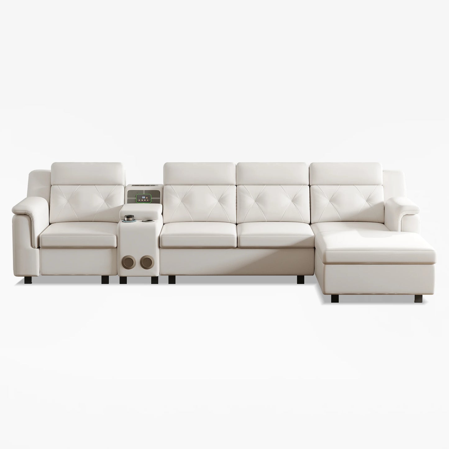 134.6" White Power Reclining Sectional Sofa Pull Out Bed Cup Holder & Speaker & Storage
