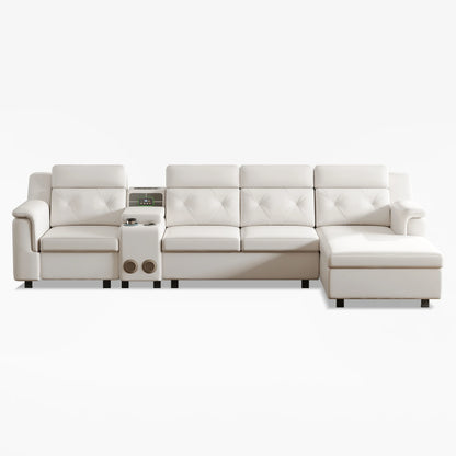 134.6" White Power Reclining Sectional Sofa Pull Out Bed Cup Holder & Speaker & Storage