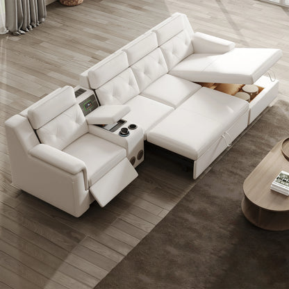 134.6" White Power Reclining Sectional Sofa Pull Out Bed Cup Holder & Speaker & Storage