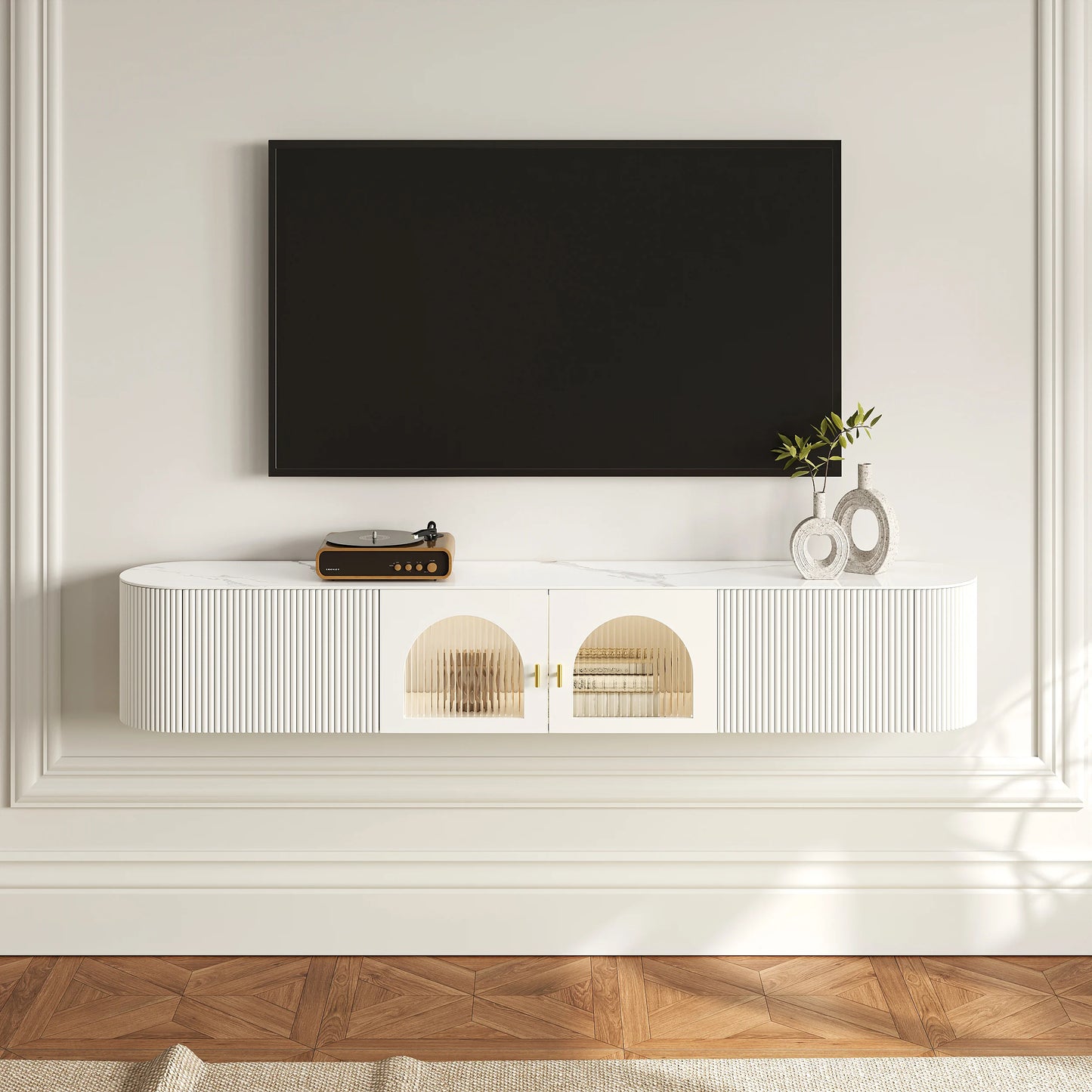 70.8" White Sintered Stone Floating Wall-Mounted TV Stand