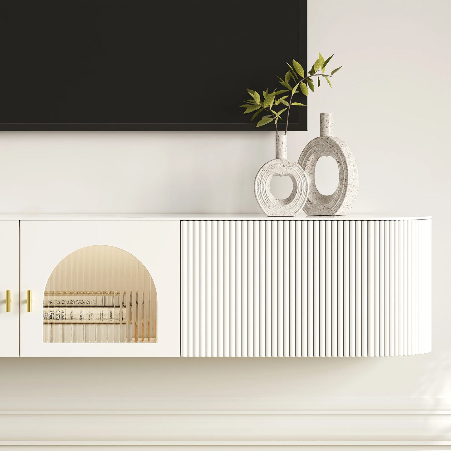 70.8" White Sintered Stone Floating Wall-Mounted TV Stand
