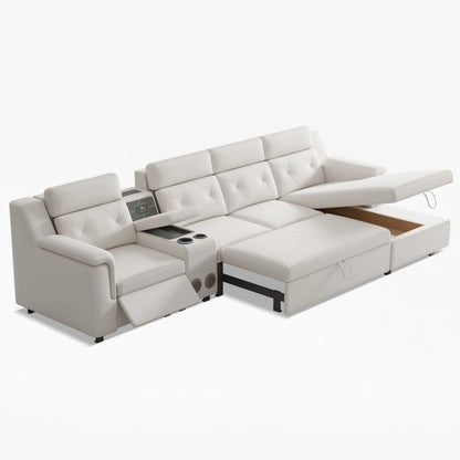 134.6" White Power Reclining Sectional Sofa Pull Out Bed Cup Holder & Speaker & Storage