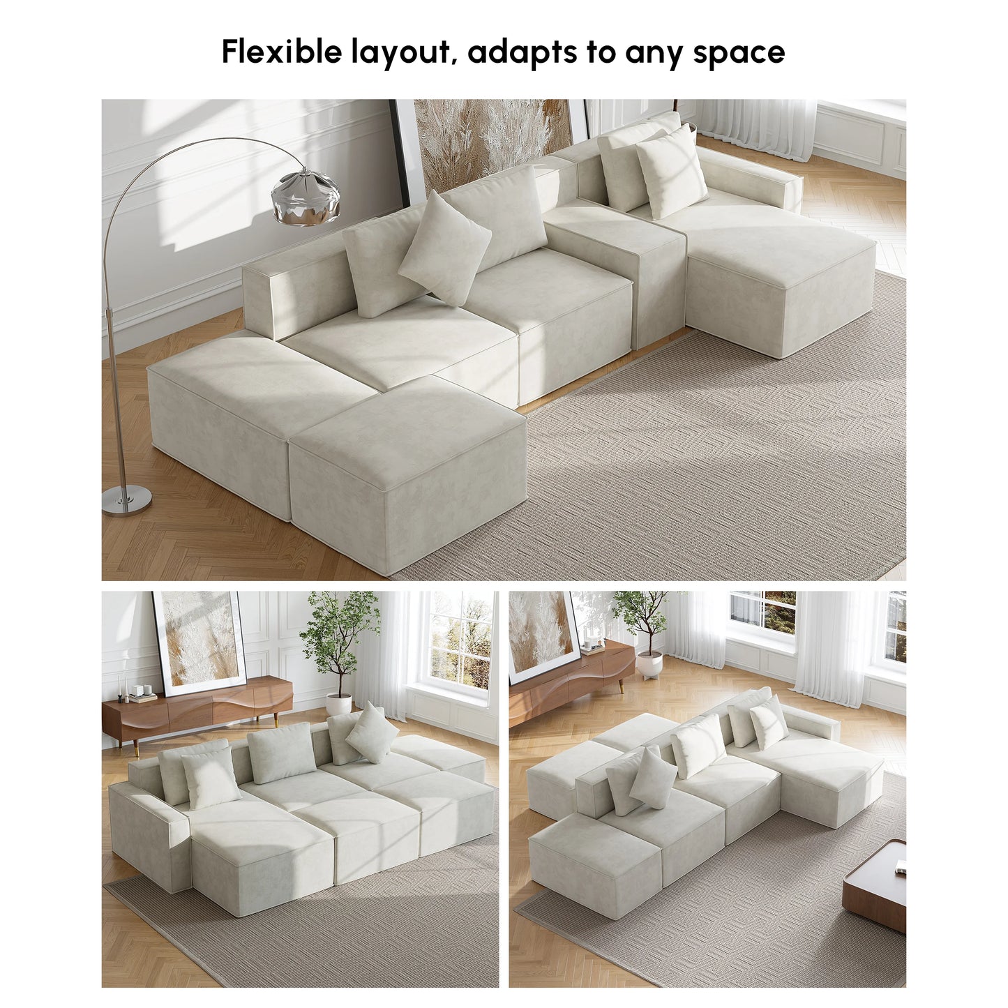 138" 6-Piece Cotton & Linen Modular Chaise Sectional Sofa with Ottomans