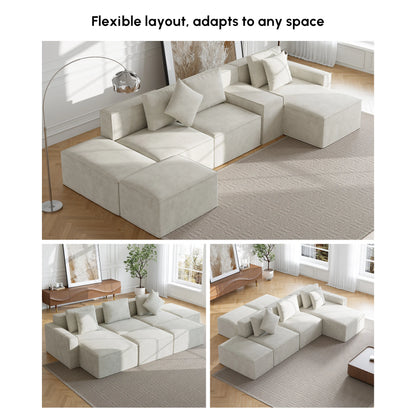 138" 6-Piece Cotton & Linen Modular Chaise Sectional Sofa with Ottomans