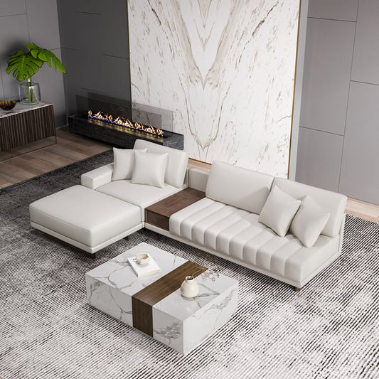 Vewal Modular Leather Sectional Sofa Set with Wood Block Coffee Table