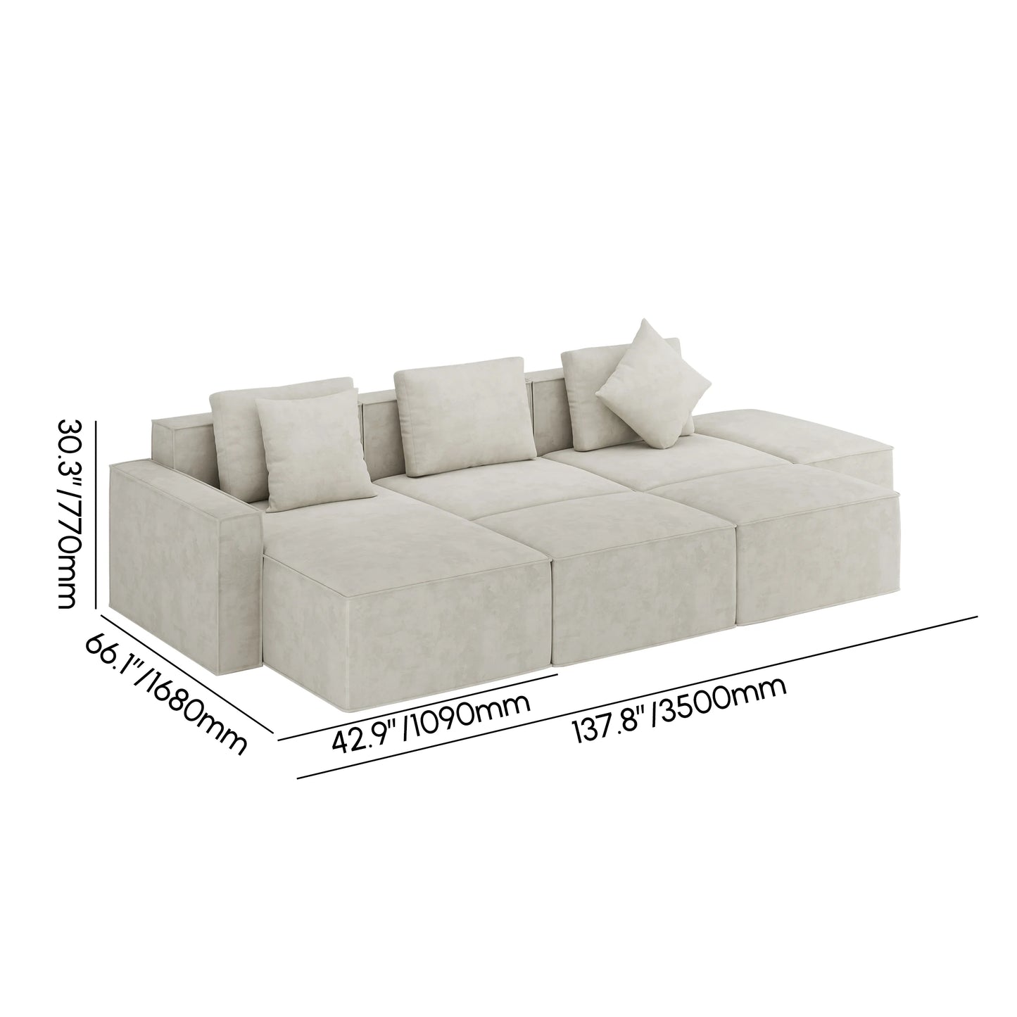 138" 6-Piece Cotton & Linen Modular Chaise Sectional Sofa with Ottomans