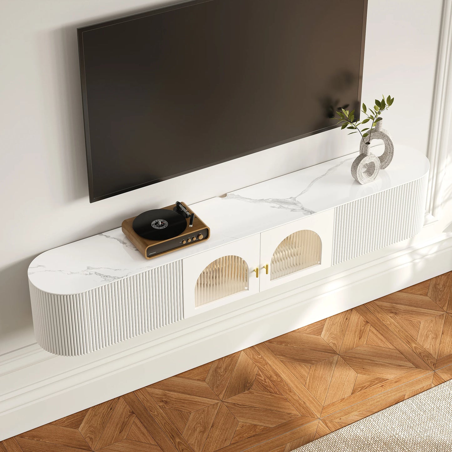 70.8" White Sintered Stone Floating Wall-Mounted TV Stand