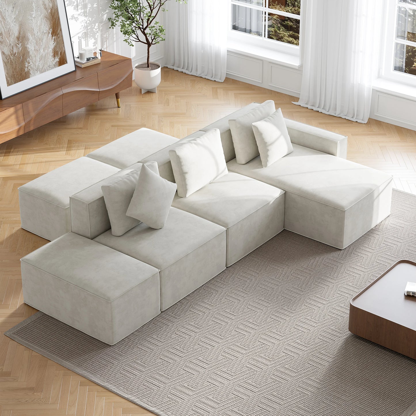 138" 6-Piece Cotton & Linen Modular Chaise Sectional Sofa with Ottomans