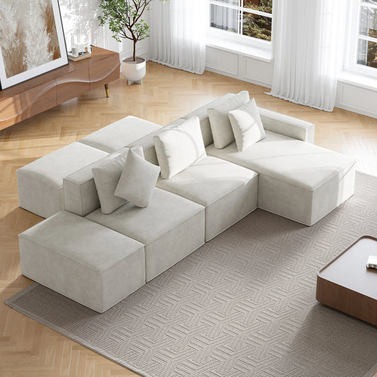 138" 6-Piece Cotton & Linen Modular Chaise Sectional Sofa with Ottomans