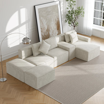 138" 6-Piece Cotton & Linen Modular Chaise Sectional Sofa with Ottomans