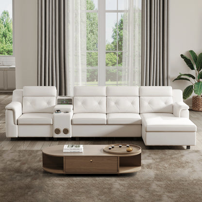 134.6" White Power Reclining Sectional Sofa Pull Out Bed Cup Holder & Speaker & Storage
