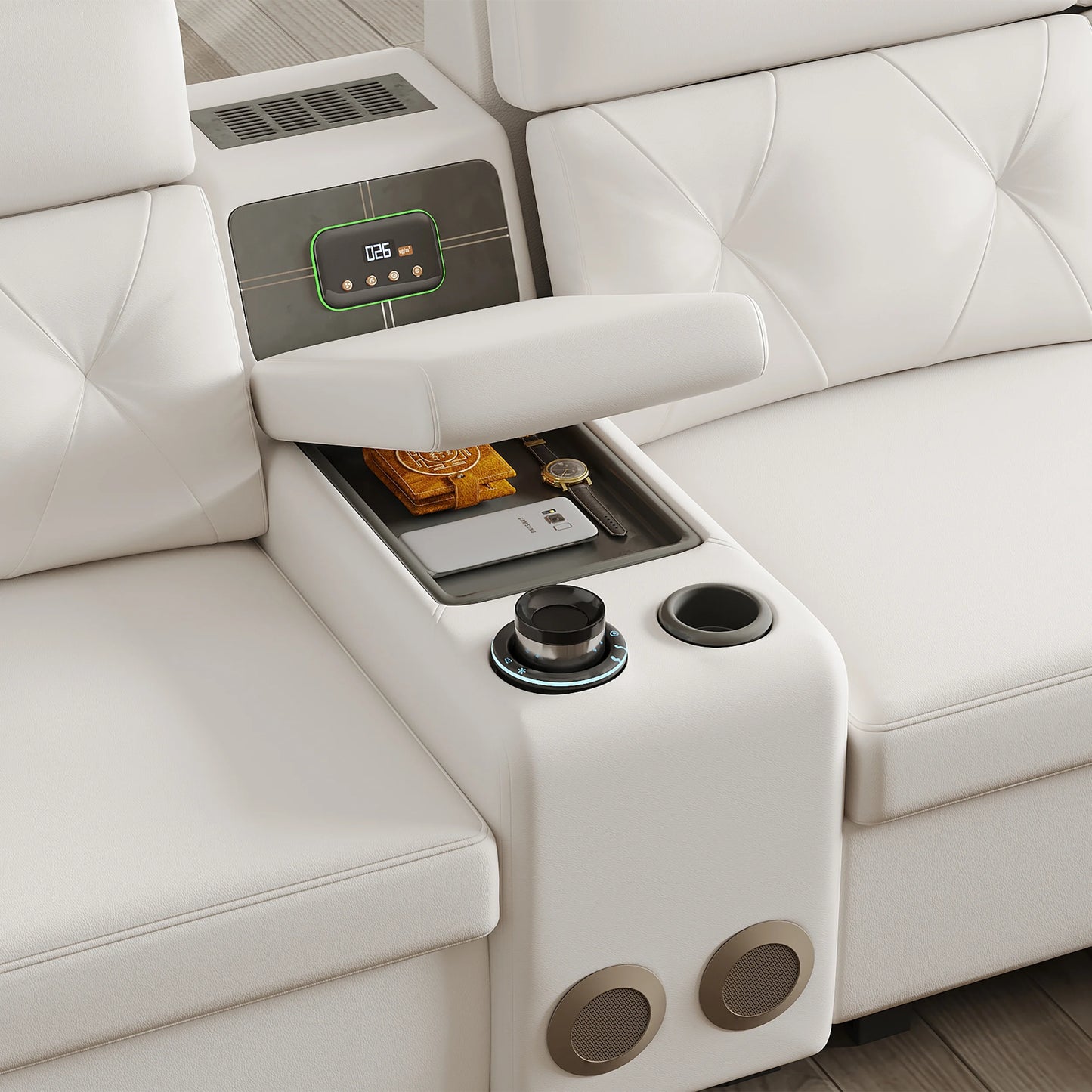 134.6" White Power Reclining Sectional Sofa Pull Out Bed Cup Holder & Speaker & Storage