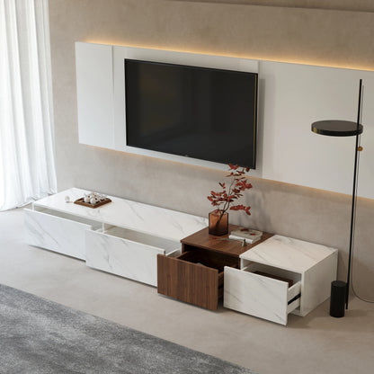 Vewal 78.9" Modern Wood Block TV Stand Marble & Walnut Veneer in White with 4 Drawers