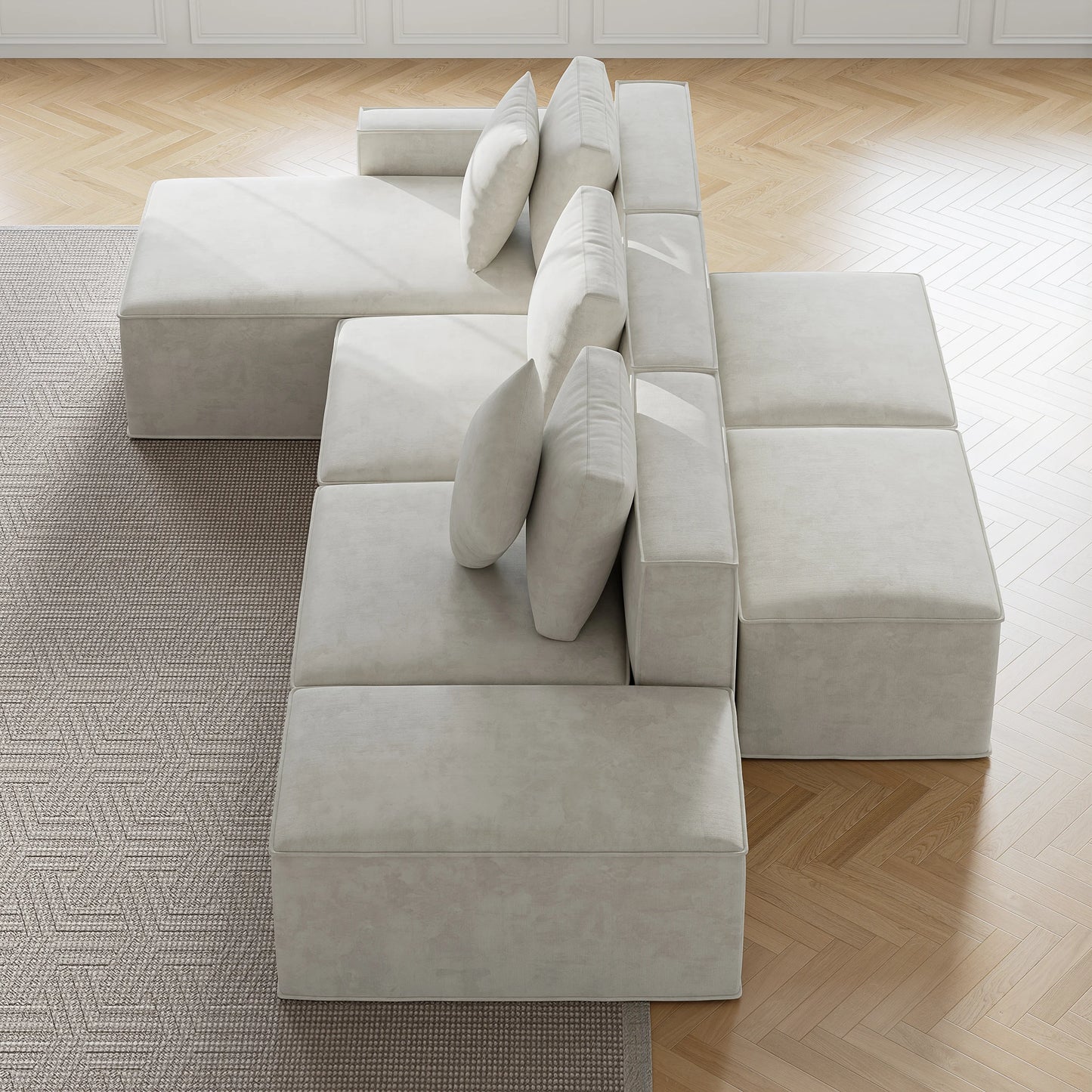 138" 6-Piece Cotton & Linen Modular Chaise Sectional Sofa with Ottomans