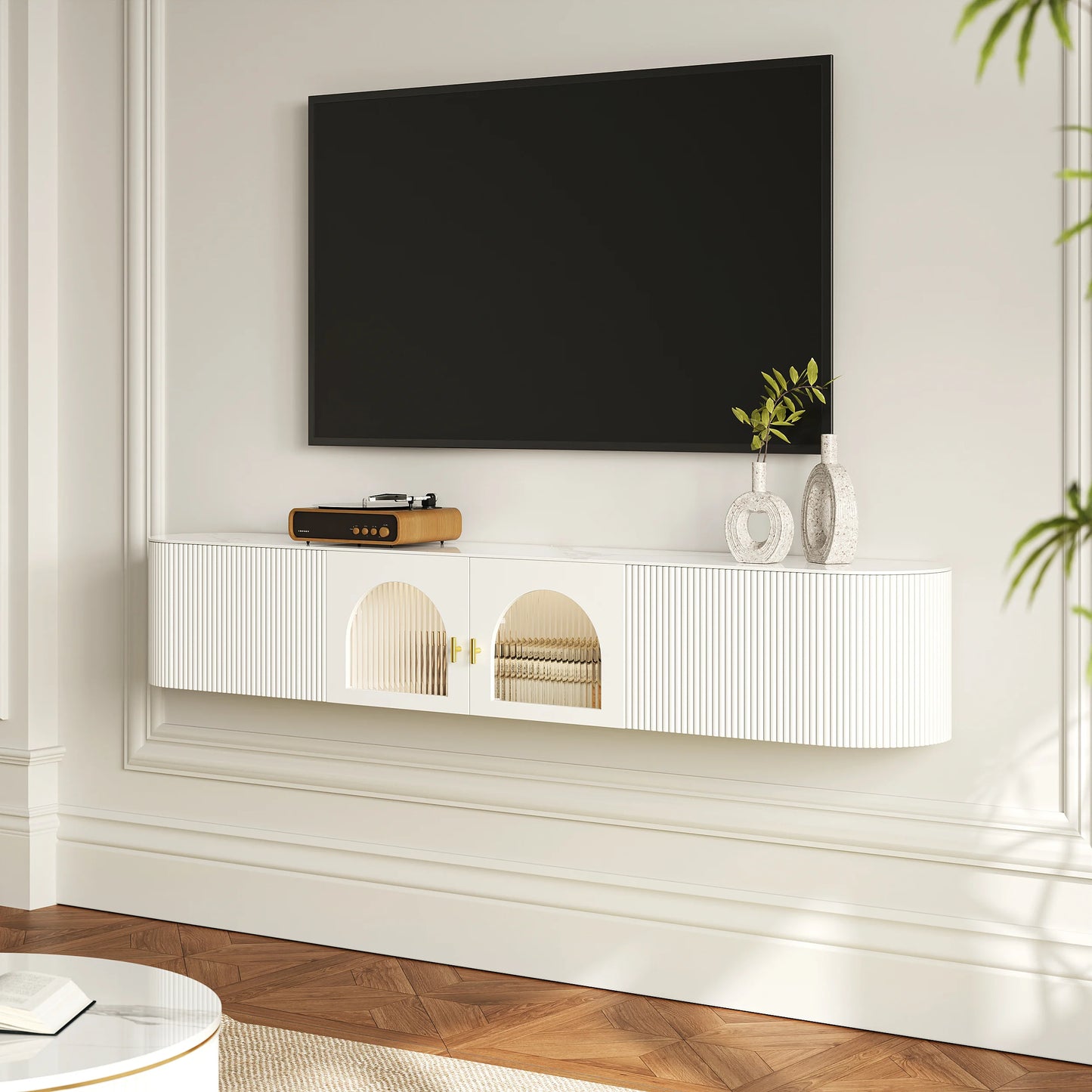 70.8" White Sintered Stone Floating Wall-Mounted TV Stand