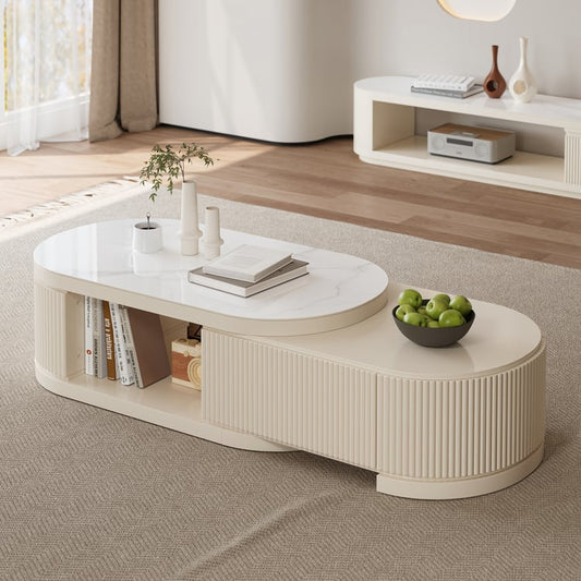 Velar 47"-67" Extendable  Fluted Coffee Table with Sintered Stone Top & Storage