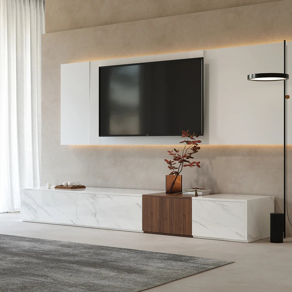 Vewal 78.9" Modern Wood Block TV Stand Marble & Walnut Veneer in White with 4 Drawers
