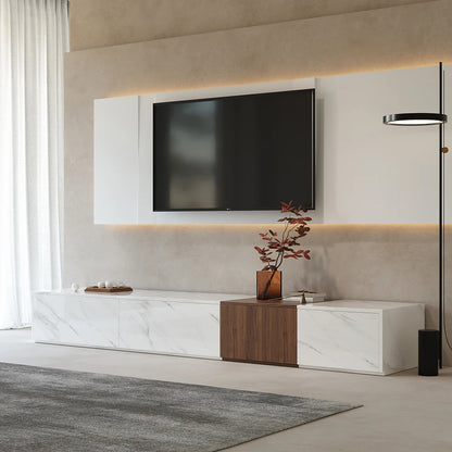 Vewal 78.9" Modern Wood Block TV Stand Marble & Walnut Veneer in White with 4 Drawers