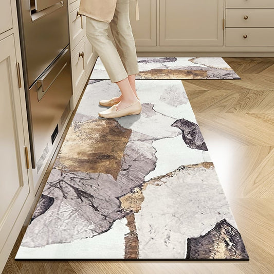 2 Pieces Modern Gold  Kitchen Runner Mats Non-slip Abstract Kitchen Mat Set