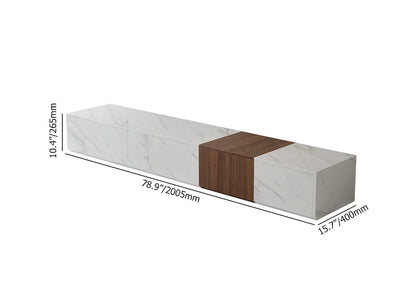 Vewal 78.9" Modern Wood Block TV Stand Marble & Walnut Veneer in White with 4 Drawers