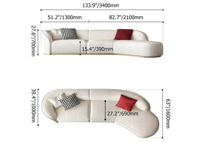 134" Curved White Sectional Sofa Upholstered 5-Seater Floor Sofa Faux-Fur Polyester