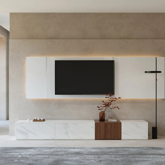 Vewal 78.9" Modern Wood Block TV Stand Marble & Walnut Veneer in White with 4 Drawers