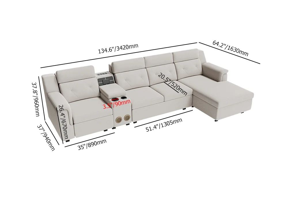 134.6" White Power Reclining Sectional Sofa Pull Out Bed Cup Holder & Speaker & Storage