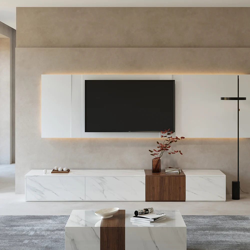 Vewal 78.9" Modern Wood Block TV Stand Marble & Walnut Veneer in White with 4 Drawers