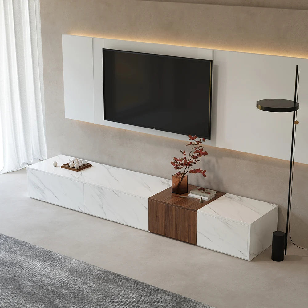 Vewal 78.9" Modern Wood Block TV Stand Marble & Walnut Veneer in White with 4 Drawers