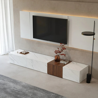Vewal 78.9" Modern Wood Block TV Stand Marble & Walnut Veneer in White with 4 Drawers