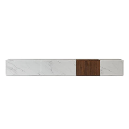 Vewal 78.9" Modern Wood Block TV Stand Marble & Walnut Veneer in White with 4 Drawers
