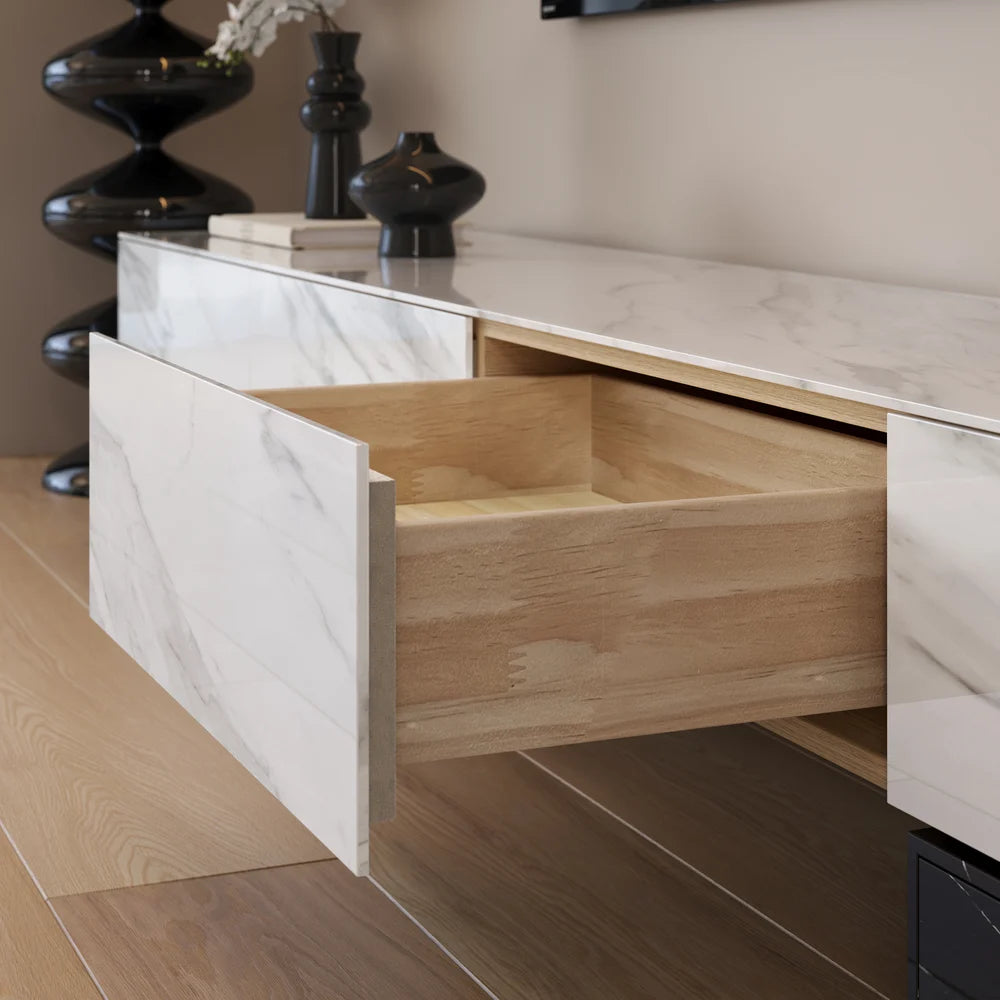 87"-106" Extendable TV Stand with Sintered Stone Top & 5 Drawers